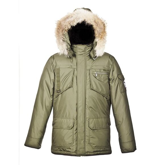 PAJAR CANADA GREEN NYLON COYOTE FUR HOODIE WINTER JAMES GOOSE DOWN JACKET L - Picture 1 of 9